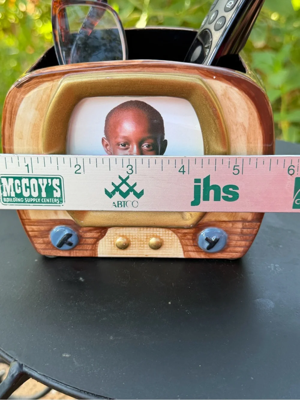 Retro TvShaped Ceramic TV Remote Caddy Organizer & Picture Frame 2.5x3” Brown